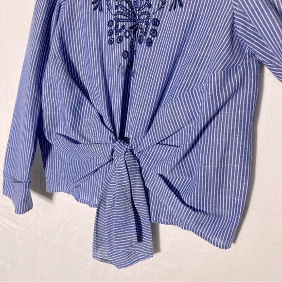 Love+Harmony Blue White Striped Cotton Embroidered Eyelet Tie Front Blouse S - Picture 11 of 14